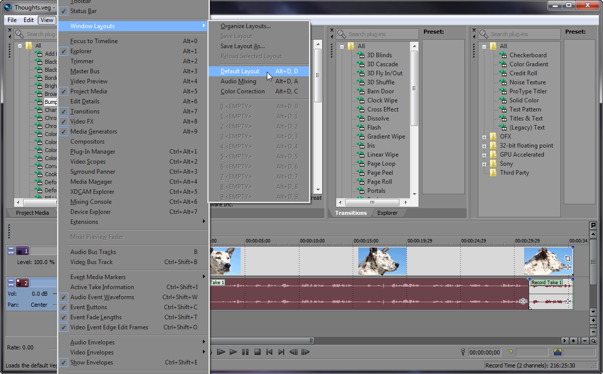 Revert to Default View Sony Vegas: Revert to Default Window Layout
