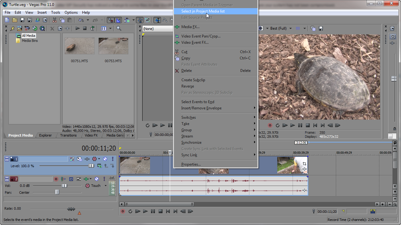 Select Project Media Window Events Sony Vegas: Highlight Timeline Events