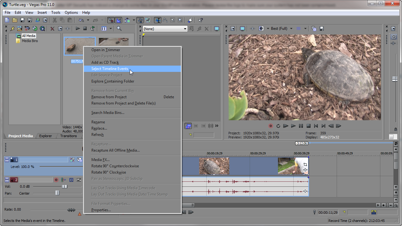 Select Timeline Events Sony Vegas: Highlight Timeline Events