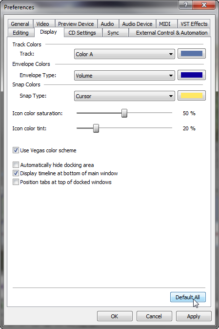 Default All Sony Vegas: Change Display Colors