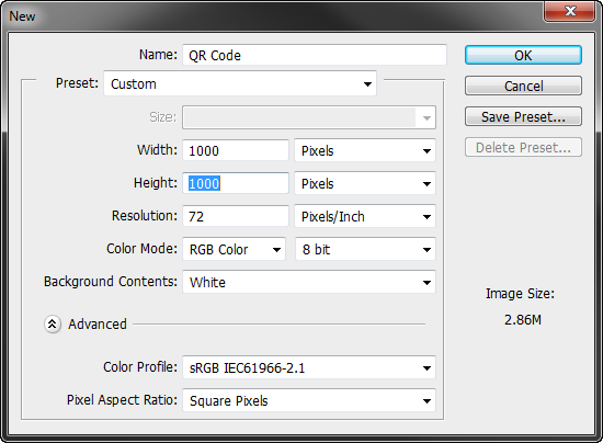 New Document Photoshop: Colorize QR Code